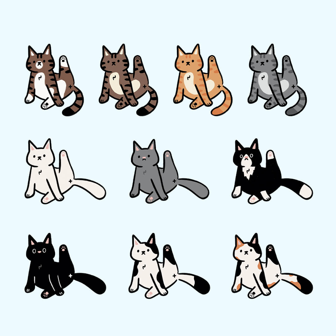 Illustrations of cats in various colors, all in the same pose with a back leg up in the air, on a light blue background