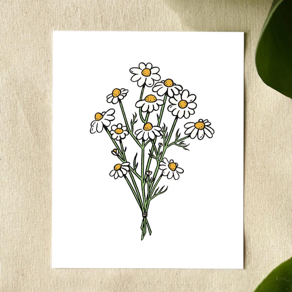Illustration of a bouquet of white and yellow daisies with stems tied together.