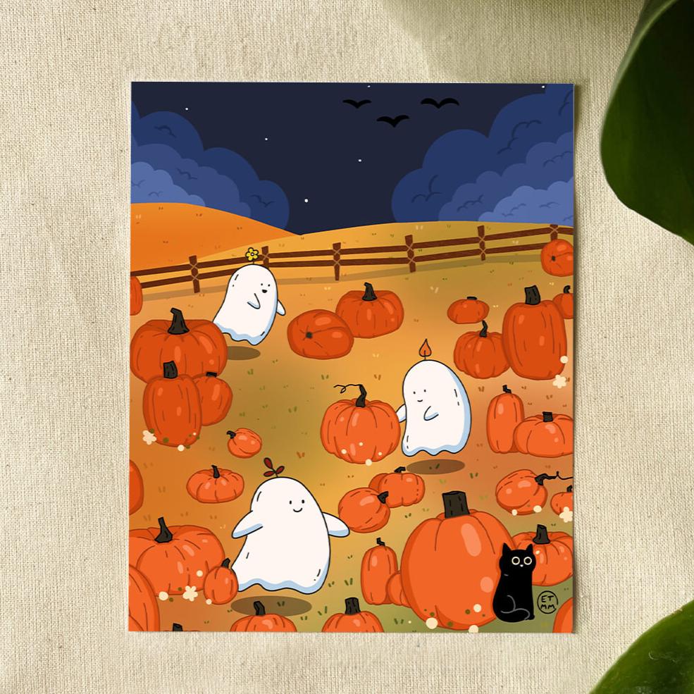 Illustration of cute ghosts with different expressions play among large pumpkins in a patch. A black cat sits nearby. The night sky is clear with bats flying.