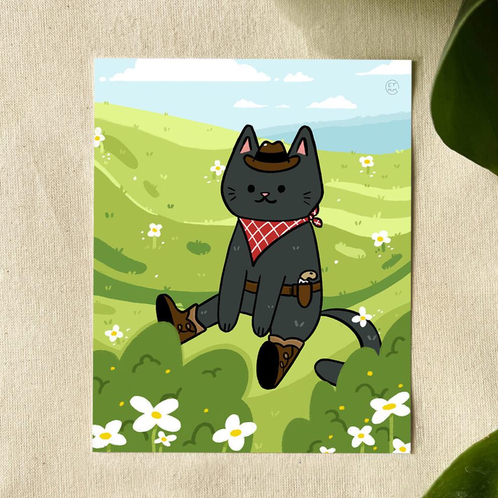 Illustration of black cat wearing a red bandana, brown cowboy boots and hat, sitting in a green field with white flowers.