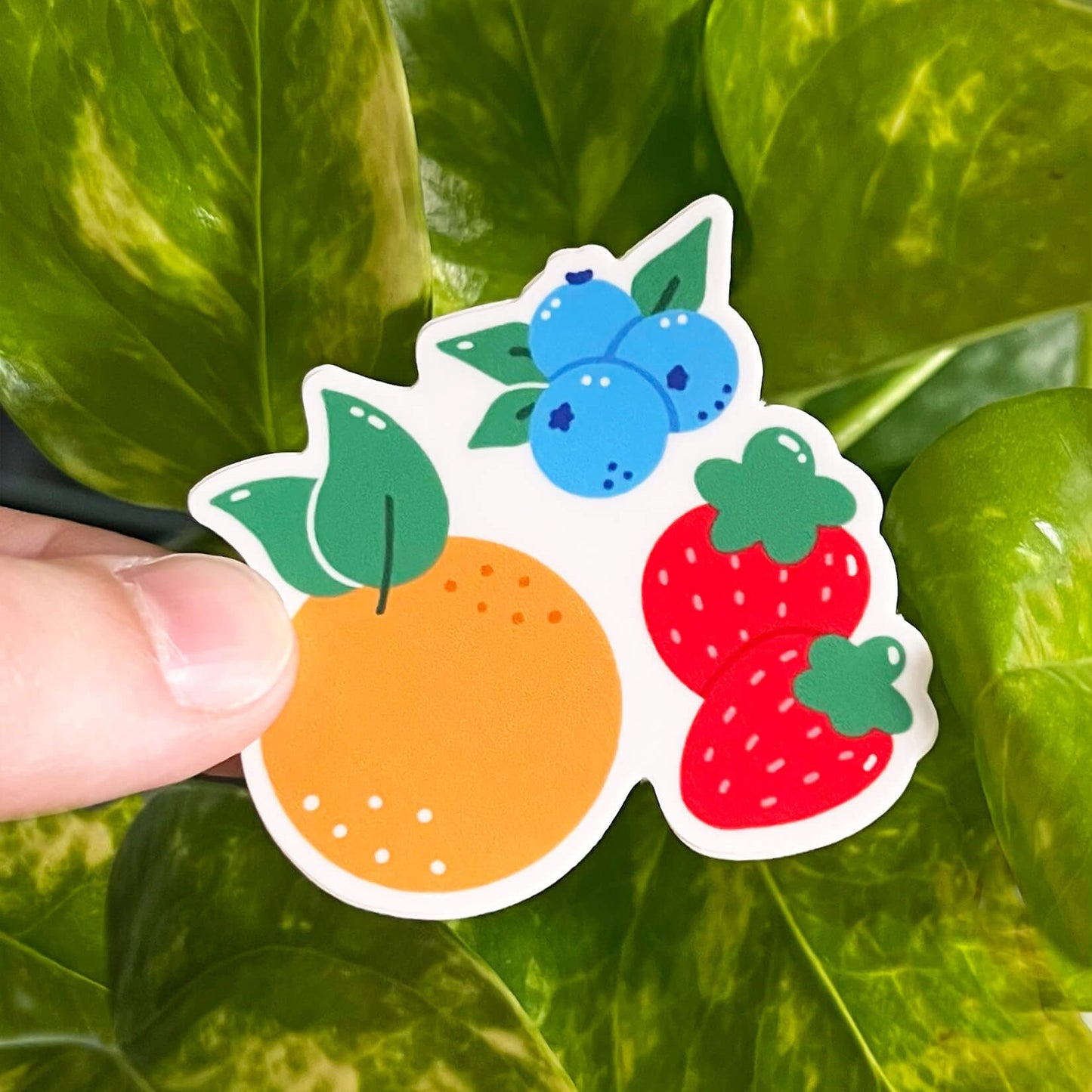 Sticker depicting a simple illustration of an orange, two strawberries, and three blueberries.