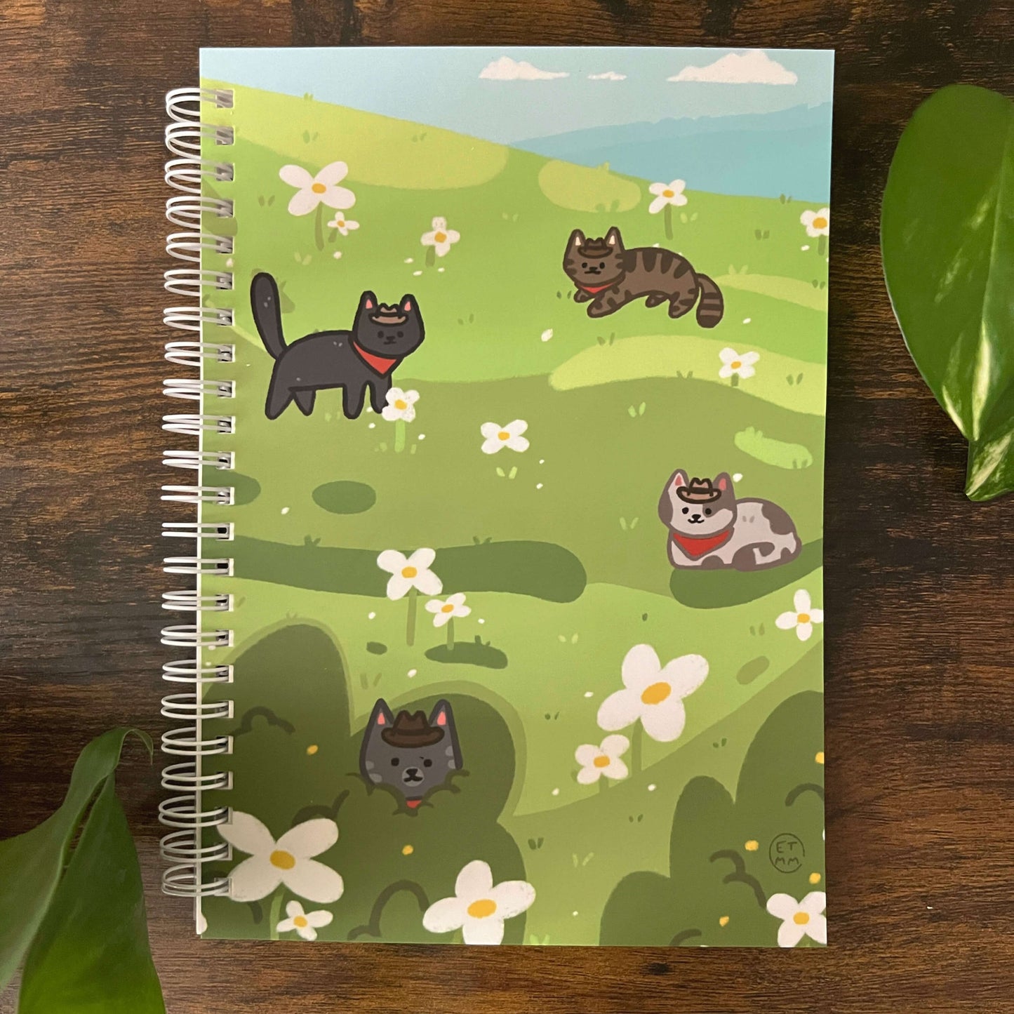 Re-usable sticker book with illustration of 4 cats in cowboy hats and red bandanas in a field.