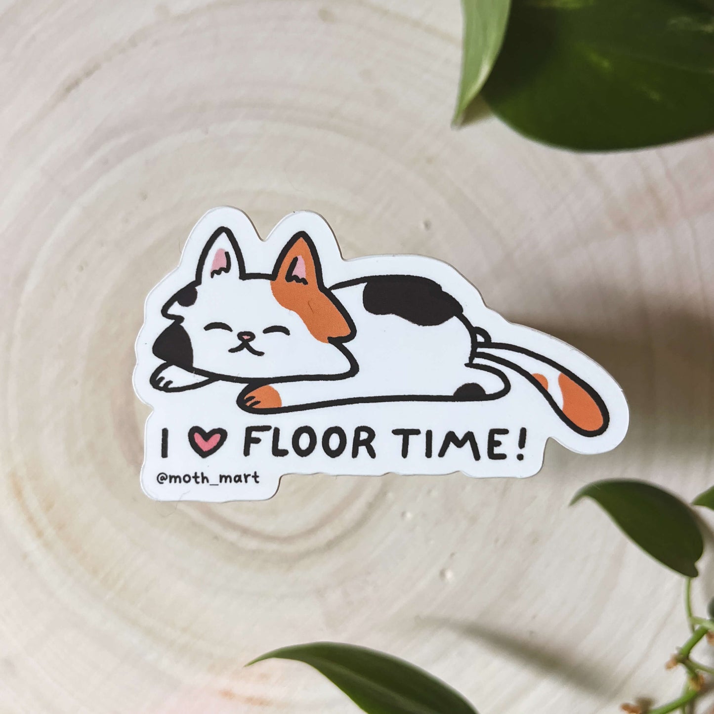 Illustration of a calico cat laying down with the text 'I Love Floor Time' on a wood background.