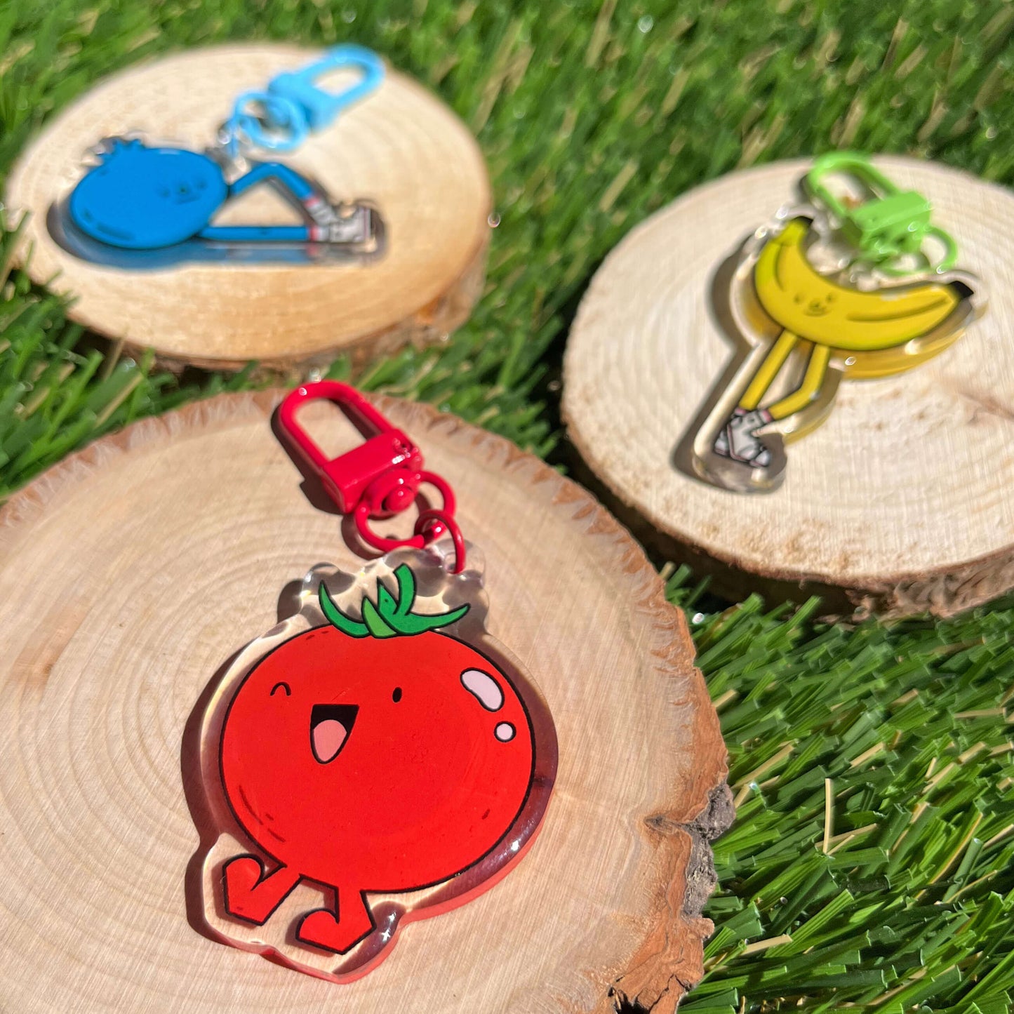 Three colorful fruit keychains on wooden slices with grass background