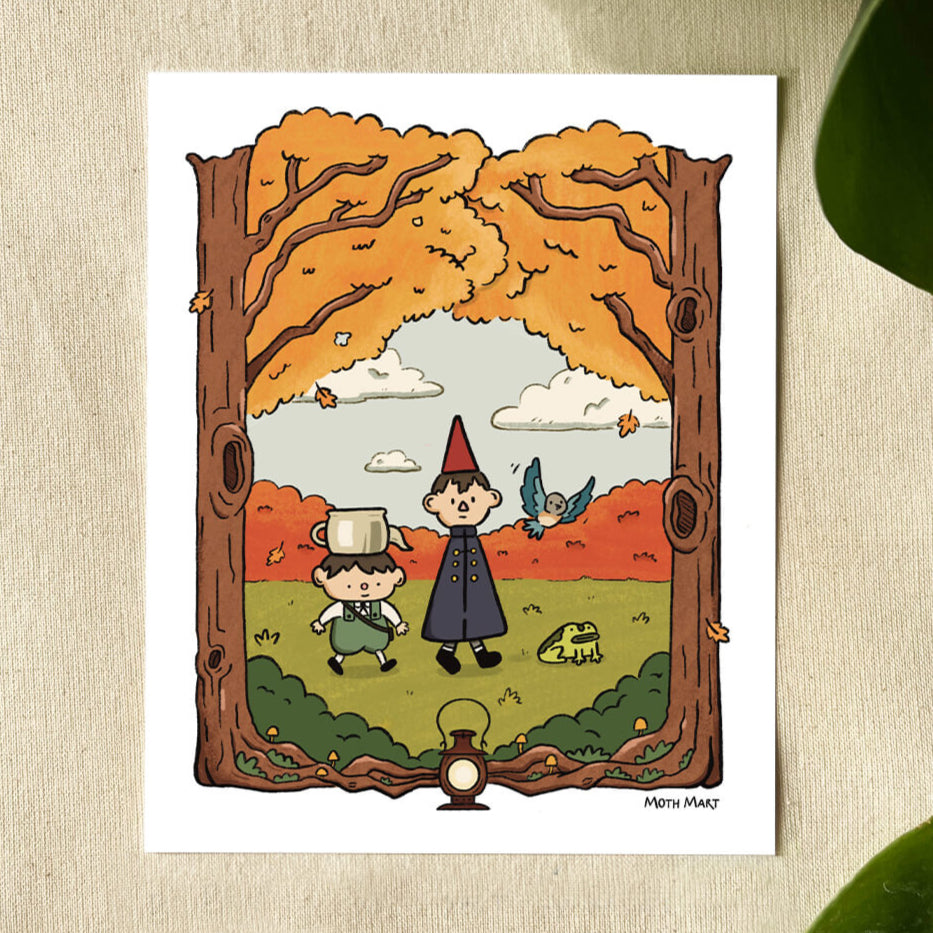 illustration of 2 boys, a bird, and a frog, walking in a fall forest on a canvas background surrounded by leaves