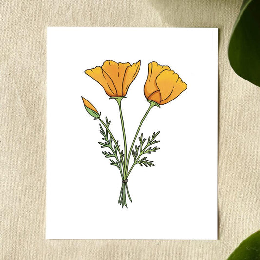 Illustration of three California poppies, two blooms and one bud, tied together with thread. 