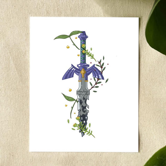 Illustration of purple Zelda sword with leaves and branches accenting. 
