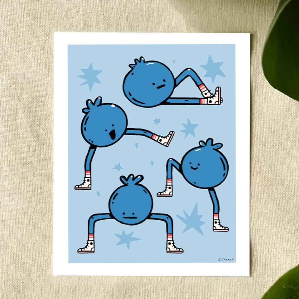 Illustration of blueberries doing stretches on a blue background with stars.