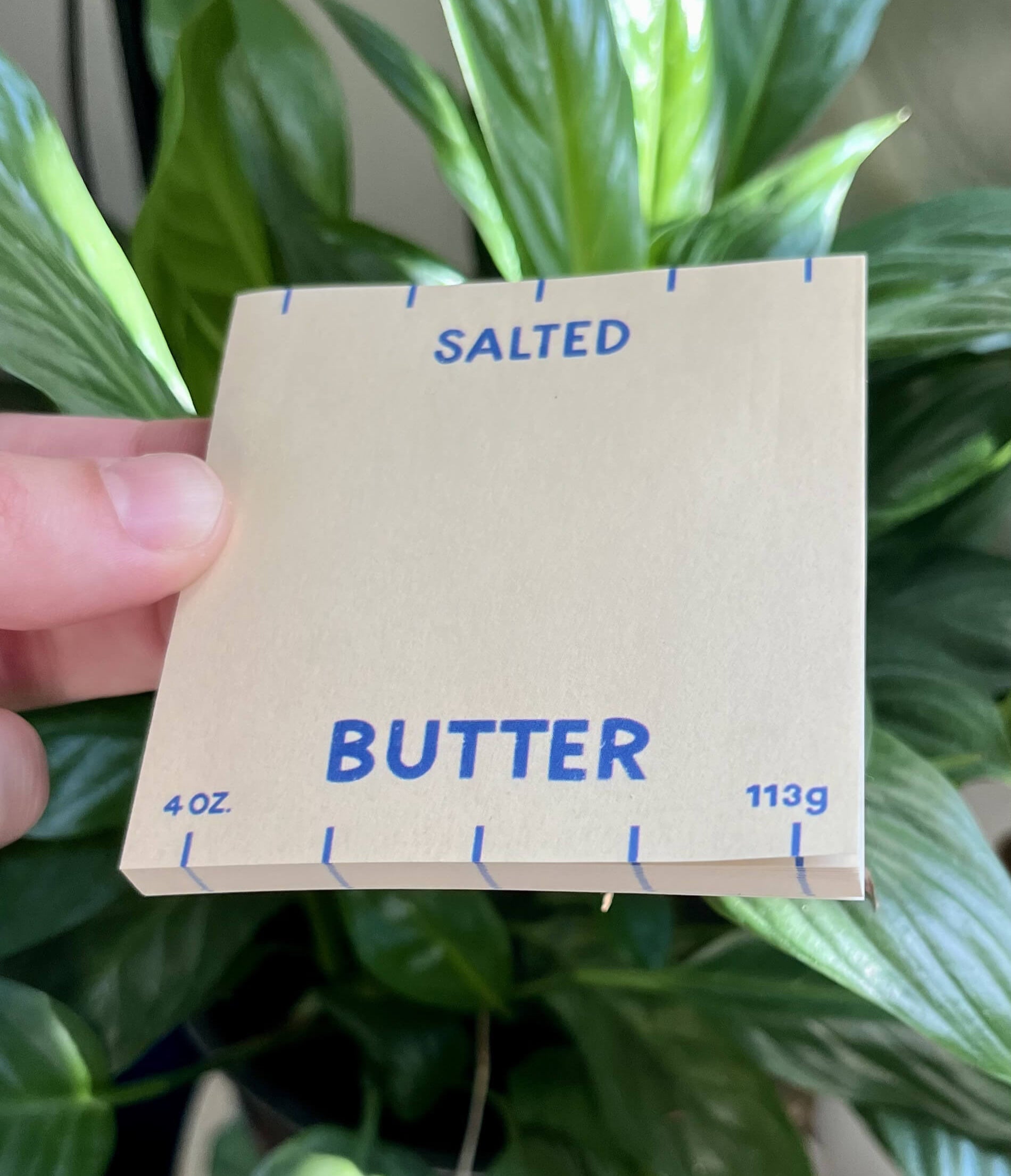 Square sticky notes held by a hand on green background. The sticky notepad mimics butter packaging with "Salted Butter" text. 