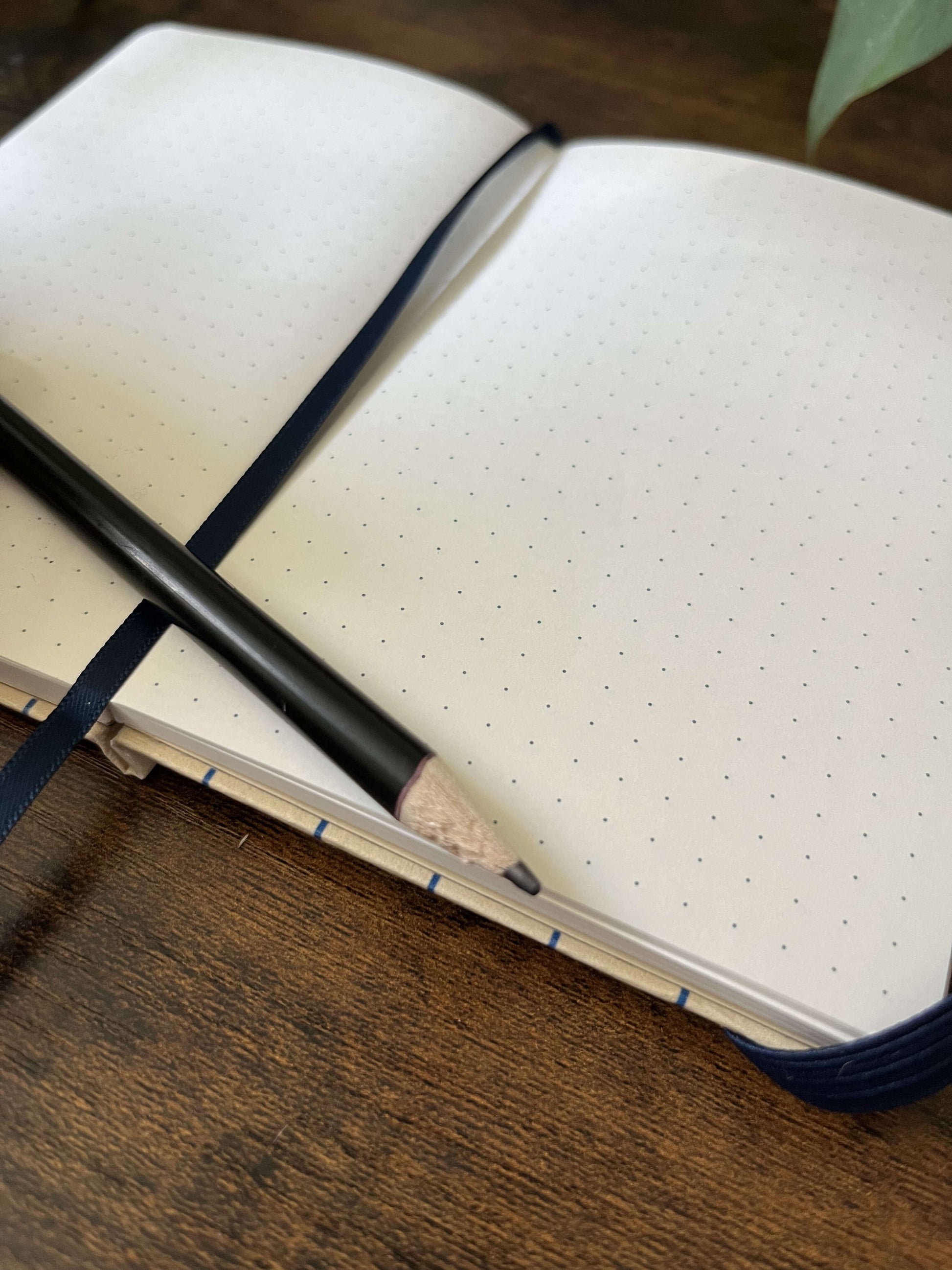 Open notebook with dotted pages, lying on a wooden table. Pencil sits on top.