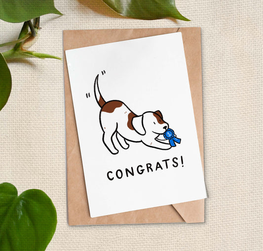 Greeting card with cartoon of a brown and white dog crouching and holding a #1 blue ribbon over "Congrats!" text. 