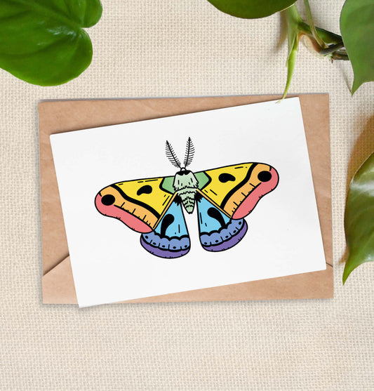 Illustration of rainbow moth on a greeting card. 
