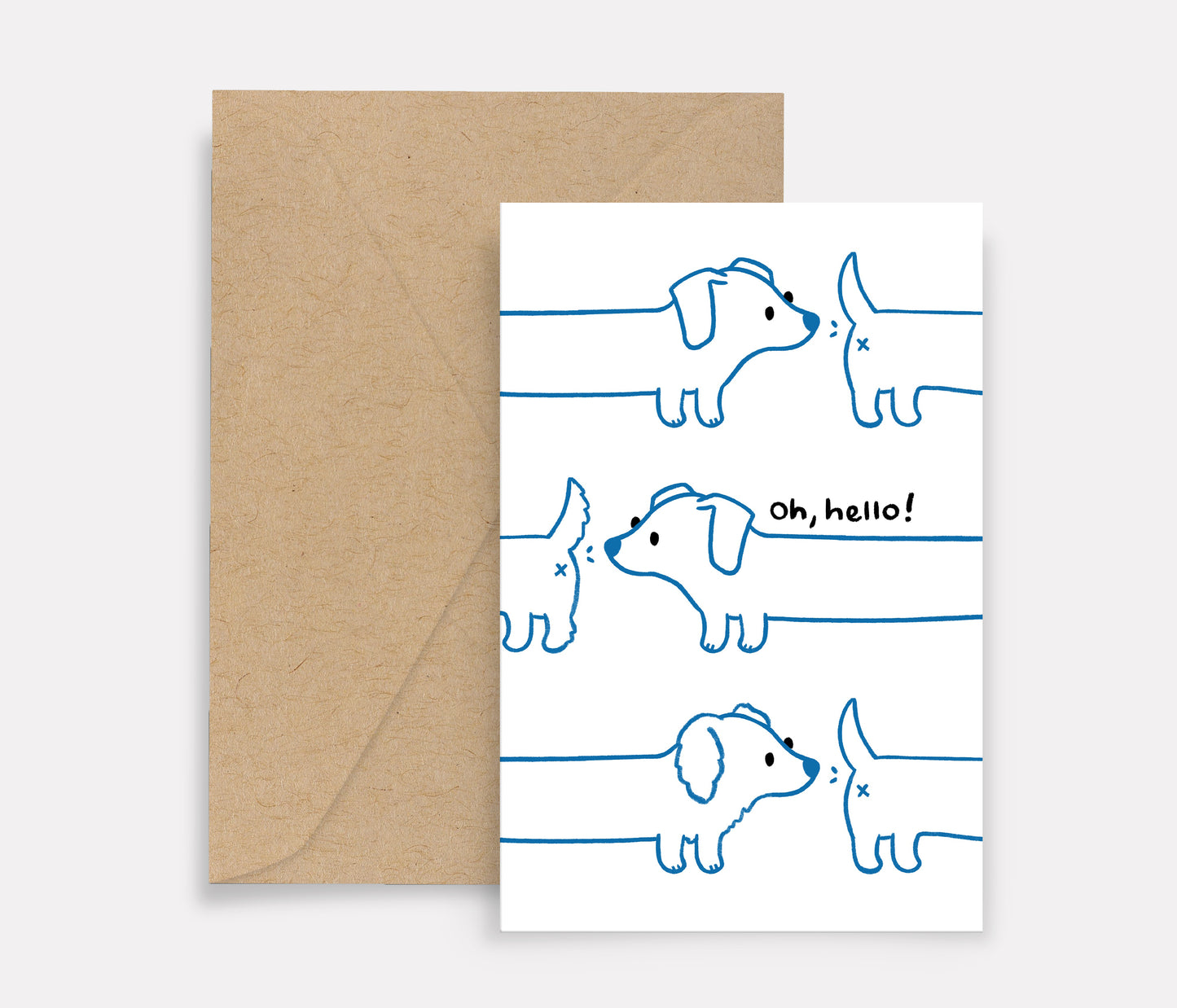 Greeting card on white background of three dachshunds in blue line art, each sniffing the tail of the one ahead. The phrase "Oh, Hello!" is written playfully nearby.