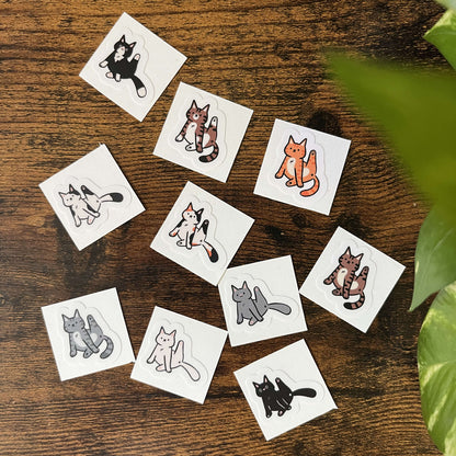 Set of cat-themed mini stickers, each cat has their leg in the air and is a different color, on a wood background.