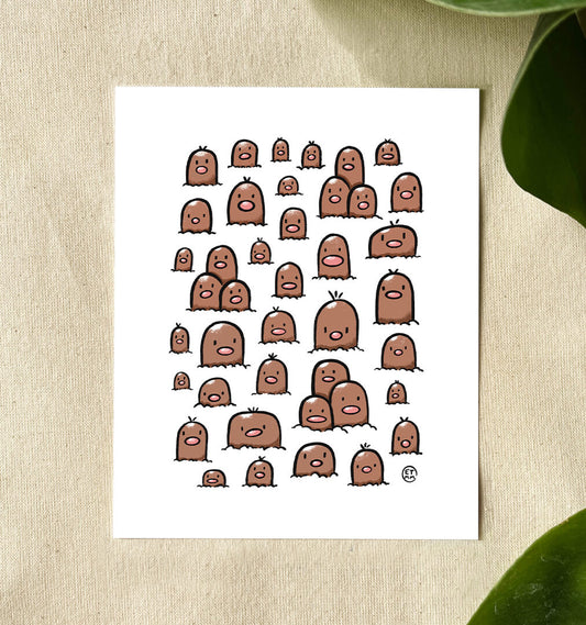 A whimsical illustration depicts multiple cartoon-like, brown, mole-like Pokemon creatures named Diglett with simple facial expressions on a white background. Leaves frame the image.