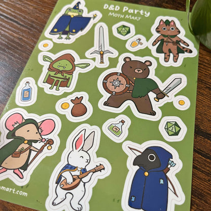 Sticker sheet with fantasy animal dnd cartoon characters on a green background, sitting on a wood backing. 