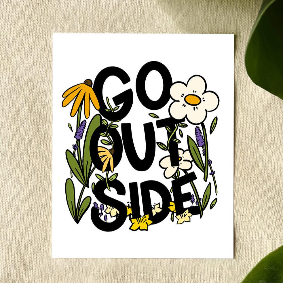 Illustration with text that reads "GO OUTSIDE" in bold letters surrounded by colorful flowers and leaves.
