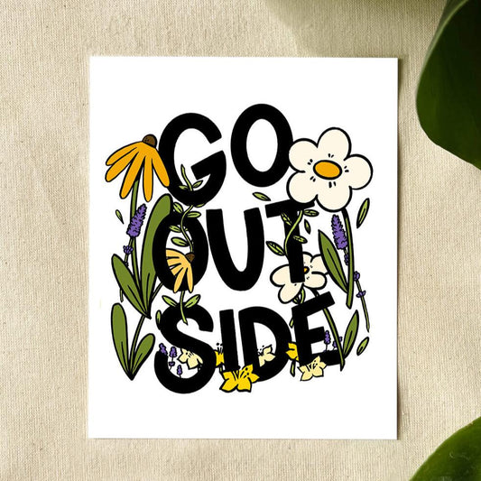 Illustration with text that reads "GO OUTSIDE" in bold letters surrounded by colorful flowers and leaves.