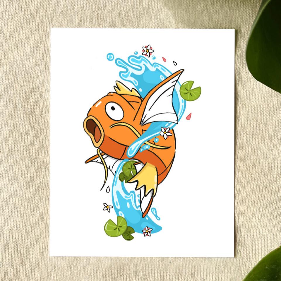 Magikarp koi fish Pokemon jumping out of water.