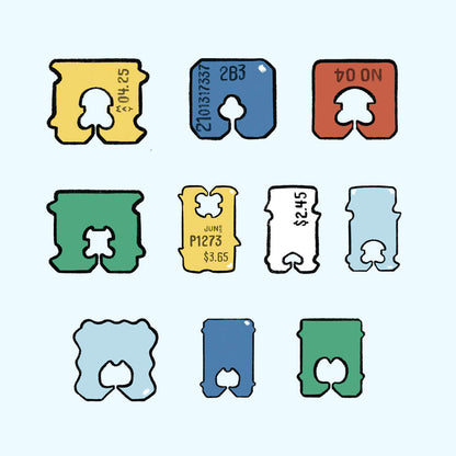 Set of colorful bread tag illustrations with numbers and letters on a light blue background