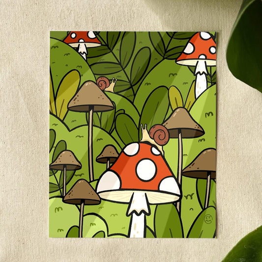 Cartoon forest scene with red and white mushrooms, brown mushrooms, and lush green foliage. Two small snails sit on a mushroom, creating a whimsical feel.