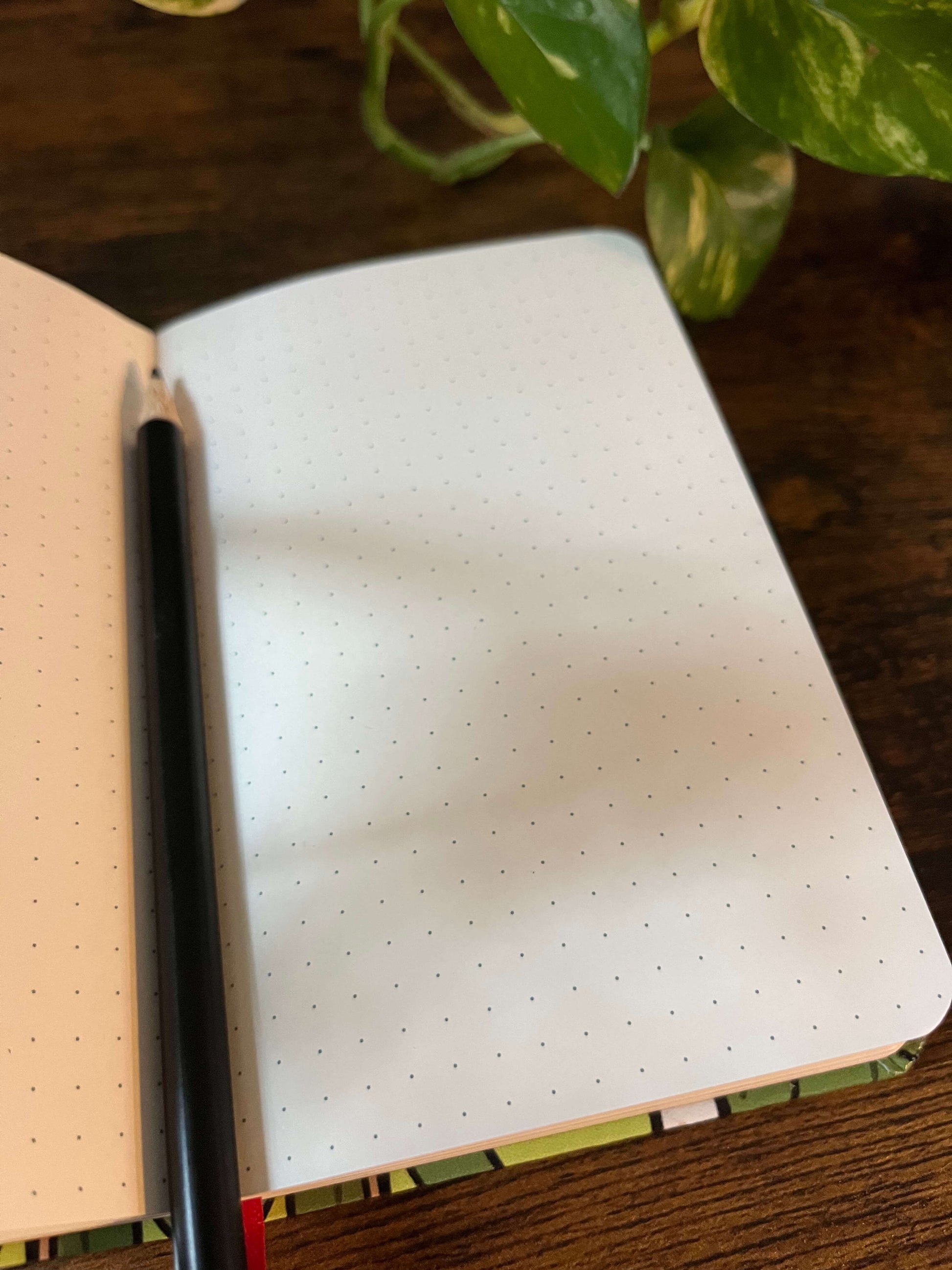 Open notebook with dotted pages and a black pencil on a wooden table.