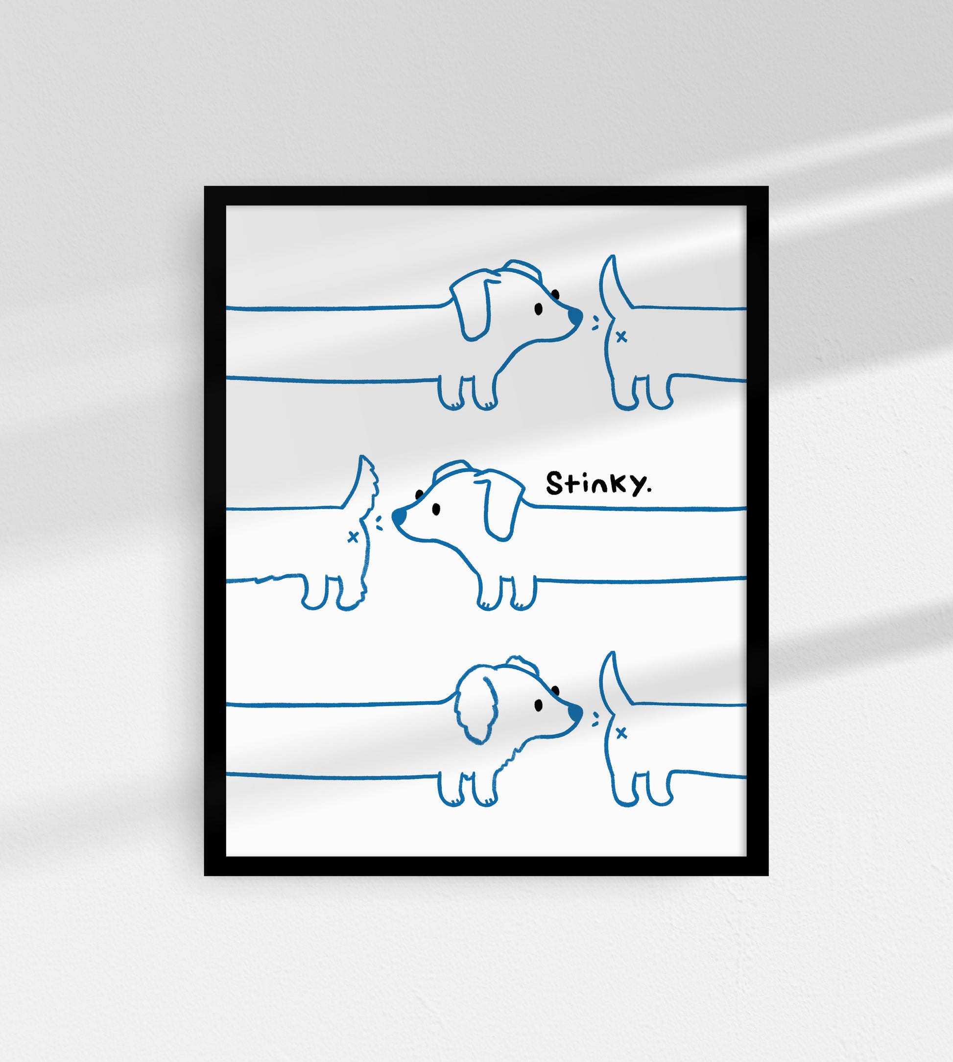 Cartoon of three dachshunds in blue line art, each sniffing the tail of the one ahead. The word "Stinky" is written playfully nearby.