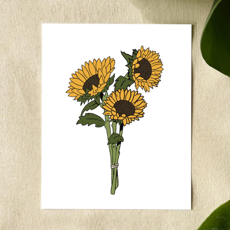 Illustration of 3 sunflowers in a bouquet and tied together with thread.