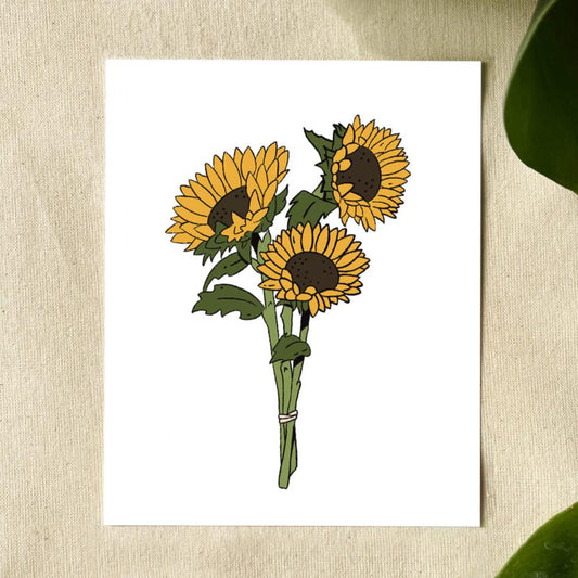 Illustration of 3 sunflowers in a bouquet and tied together with thread.