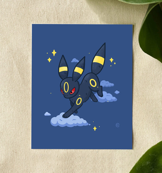 Illustration of a dark, cat or fox-like Pokemon creature named Umbreon, with yellow rings and red eyes, leaping through clouds on a blue background. 