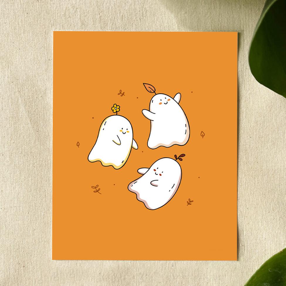 Illustration of three ghosts each smiling and raising their arms. Each ghost has a leaf on their head. 