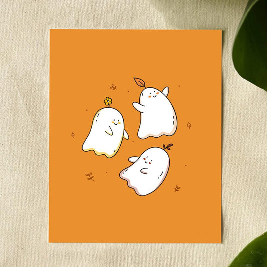 Illustration of three ghosts each smiling and raising their arms. Each ghost has a leaf on their head. 
