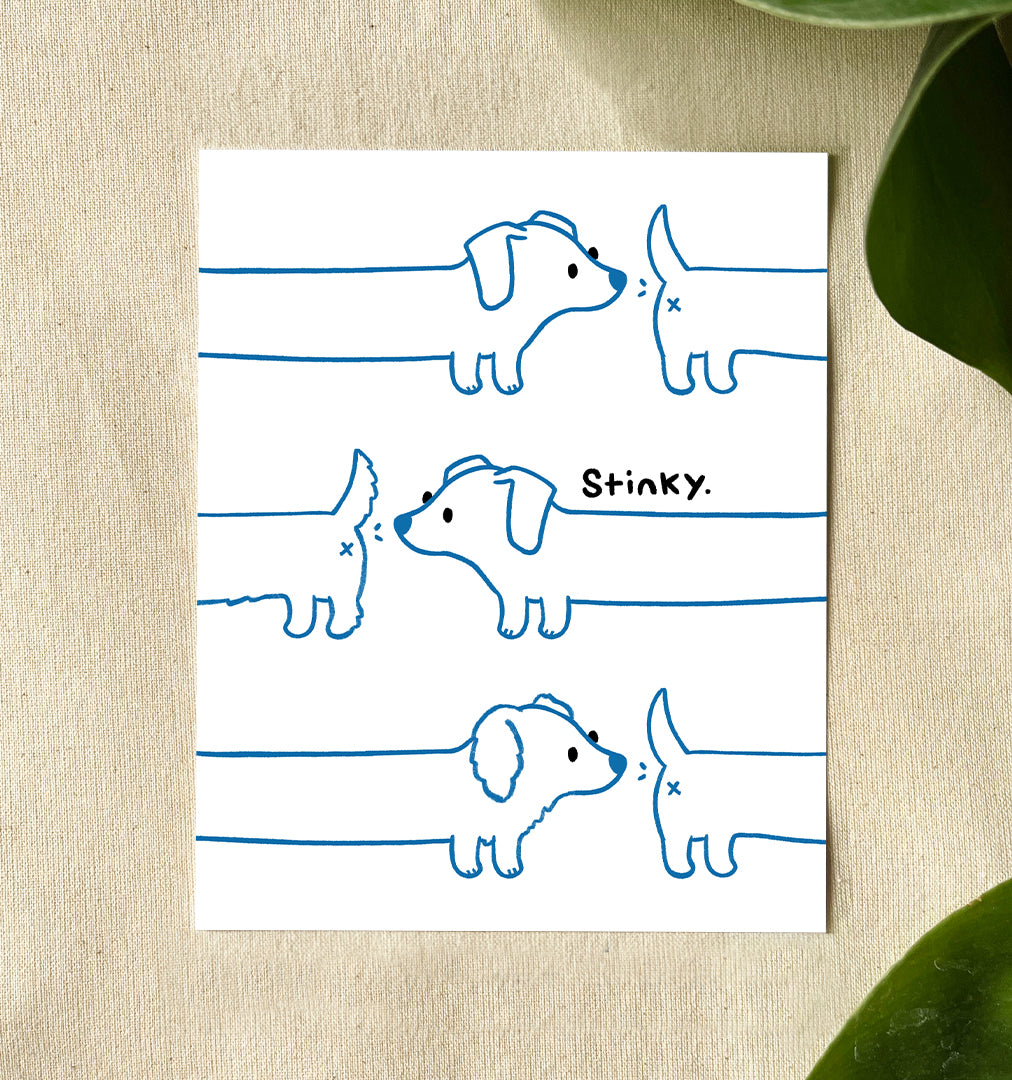 Cartoon of three dachshunds in blue line art, each sniffing the tail of the one ahead. The word "Stinky" is written playfully nearby.