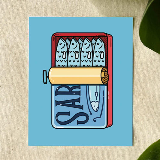 Illustration of a sardines tin with fish packed in, their heads visible. The can half open on a blue background.
