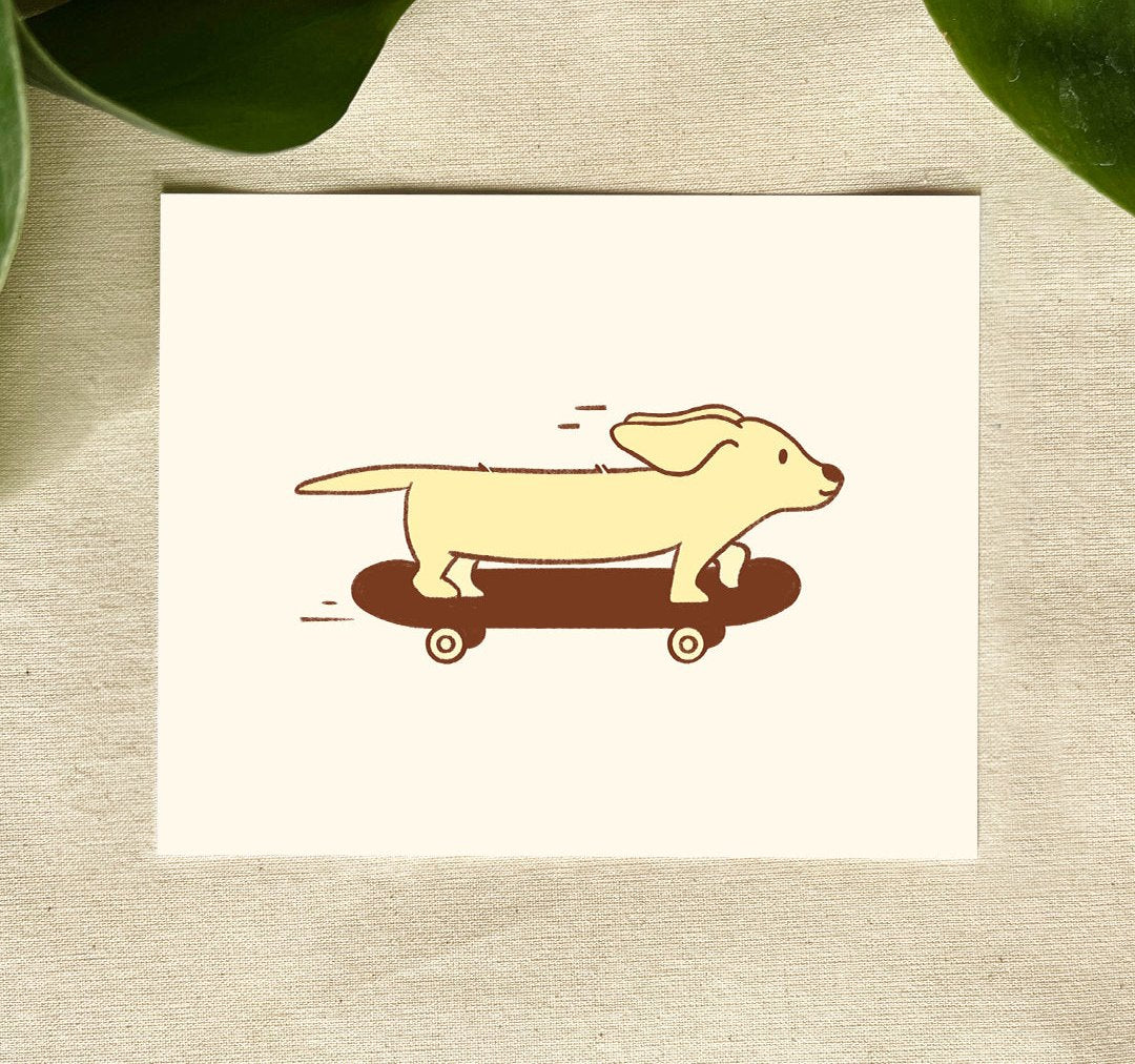 Illustration of a yellow dachshund joyfully riding a dark brown skateboard on a light yellow background.