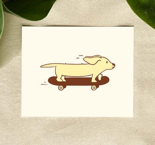 Illustration of a yellow dachshund joyfully riding a dark brown skateboard on a light yellow background.