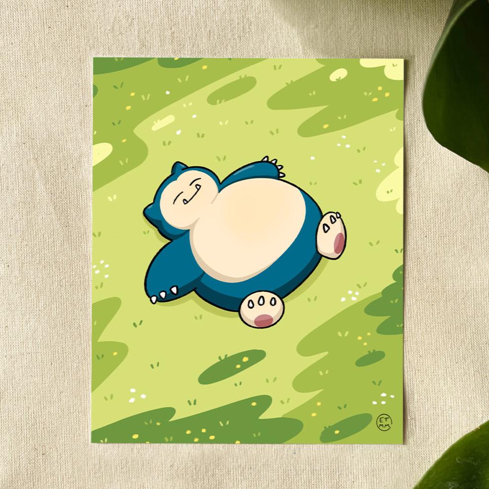Illustration of blue Pokemon Snorlax laying in a bright, grassy field with flowers. 