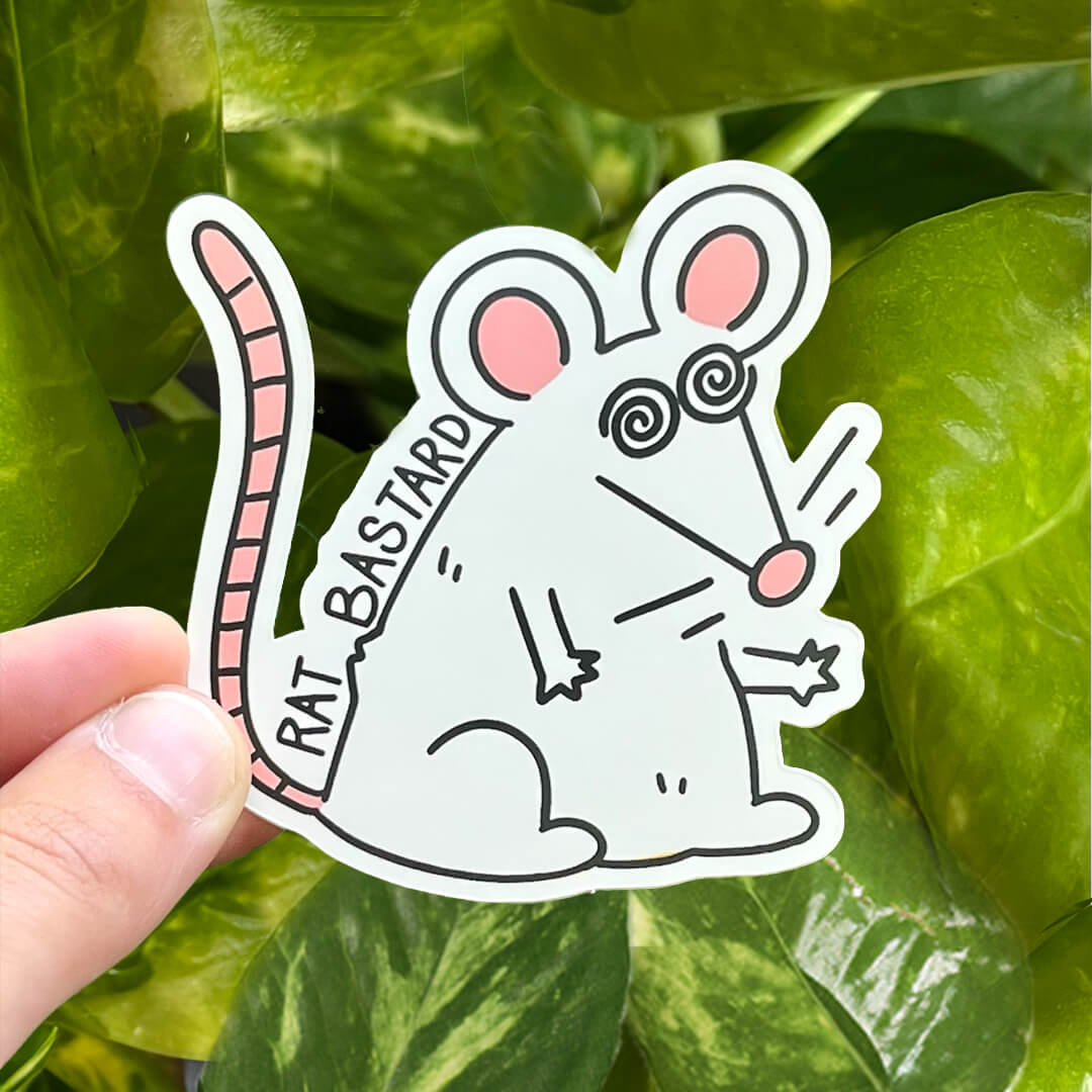 Sticker of a cartoon white rat with pink ears, tail, and nose, and spirals for eyes with the text "Rat Bastard".