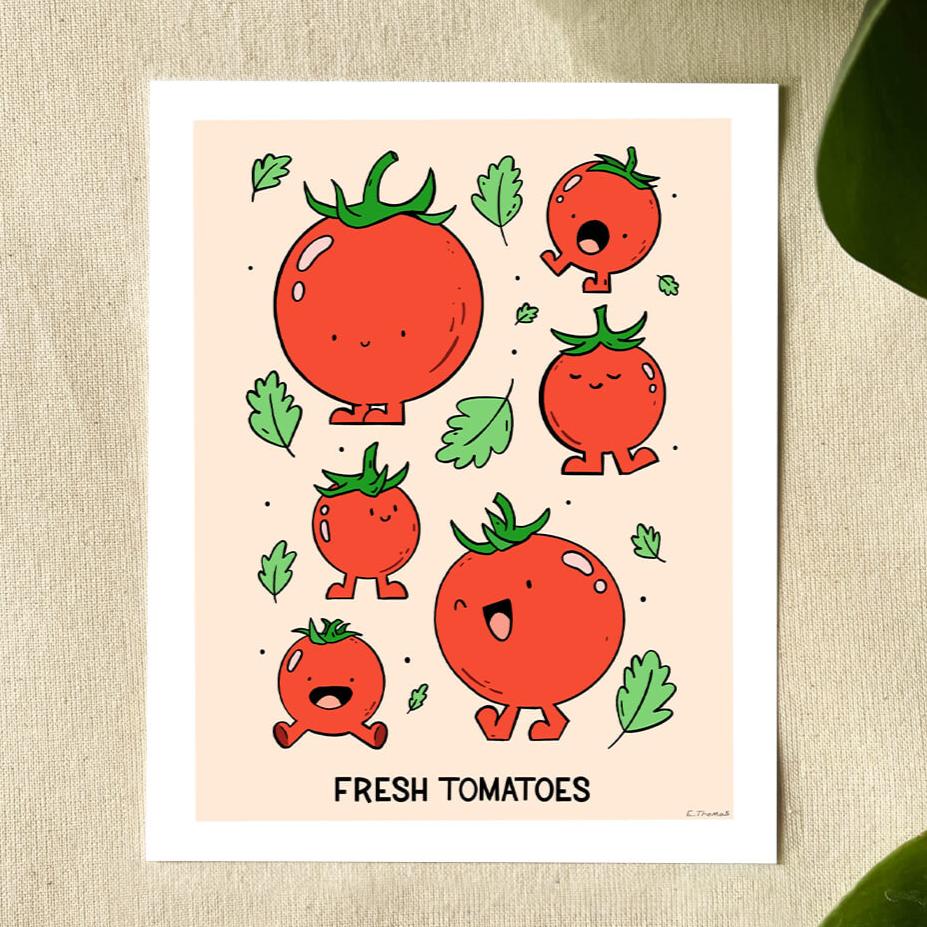 Illustration of group of tomato characters on a red background and leaf accents.