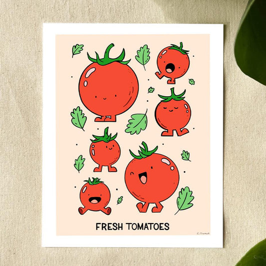 Illustration of group of tomato characters on a red background and leaf accents.