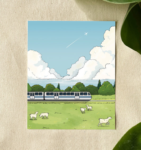 Art print of a train traveling in The Bay Area with sheep and trees in the background. Set on a canvas back with leaves on the border. 