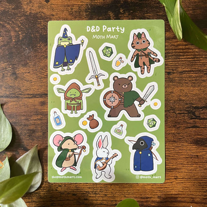 Sticker sheet with DnD and fantasy themed animal illustrations on a wood back with leaves.  