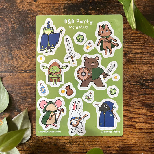 Sticker sheet with DnD and fantasy themed animal illustrations on a wood back with leaves.  