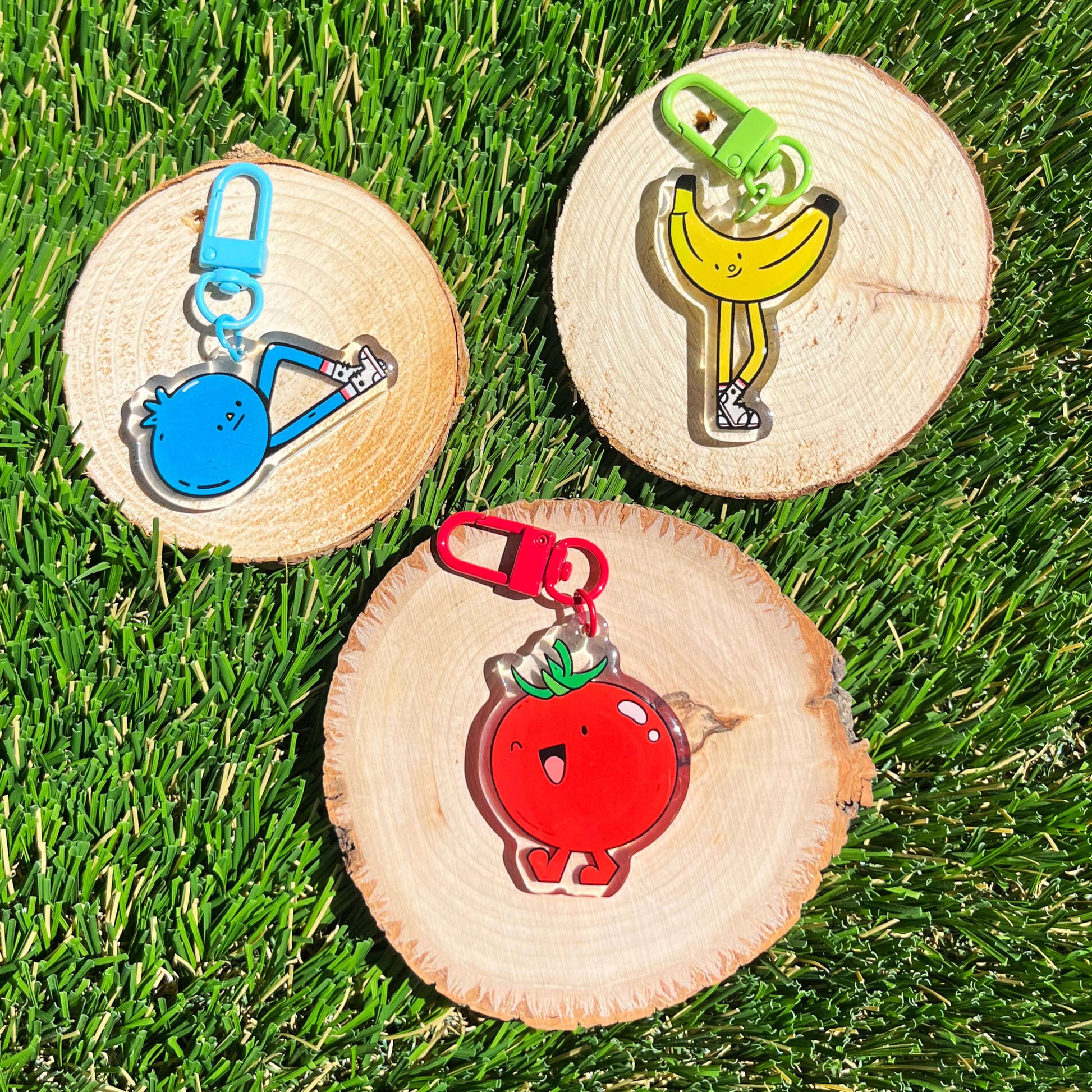 Three colorful fruit keychains on wooden slices with grass background