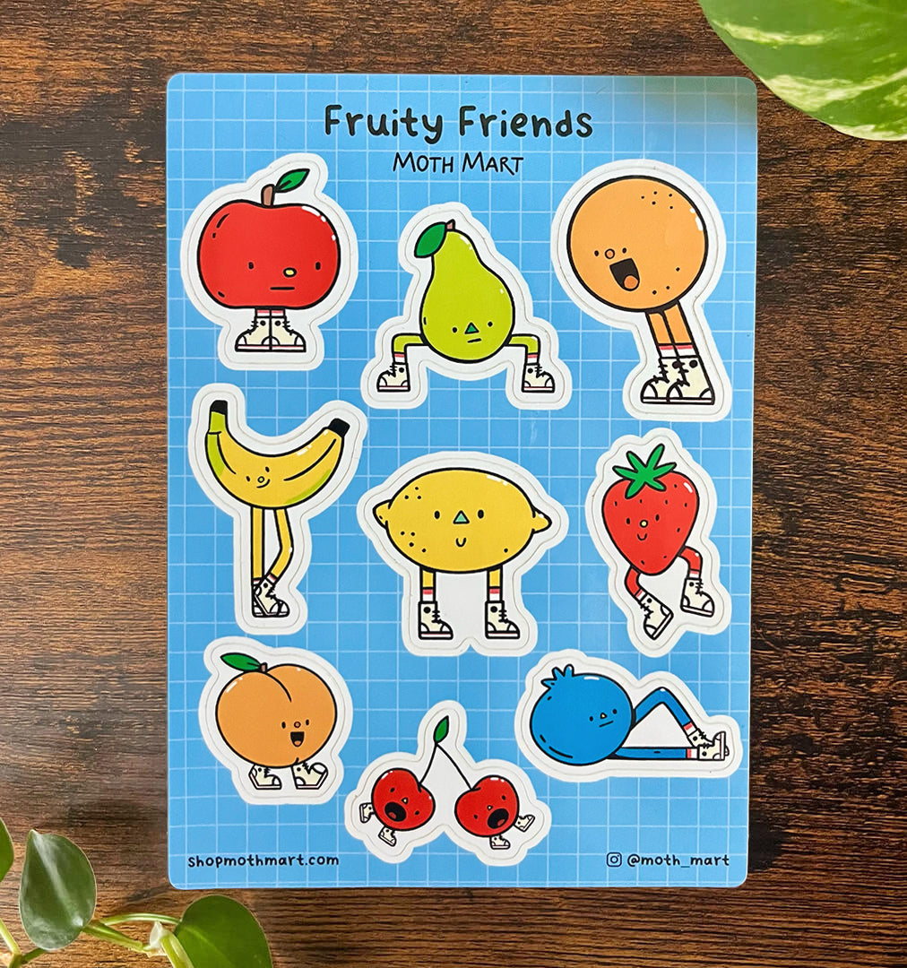 Cute fruity character sticker sheet on a blue background. Includes apple, pear, orange, banana, lemon, strawberry, peach, cherries, and blueberry, all in sneakers.