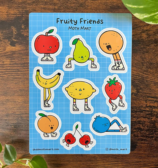 Cute fruity character sticker sheet on a blue background. Includes apple, pear, orange, banana, lemon, strawberry, peach, cherries, and blueberry, all in sneakers.
