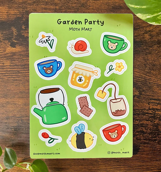 Cute sticker sheet titled "Garden Party" on a grass background. Includes drawings of tea cups, a teapot, honey jar, bee, snail, and flowers.