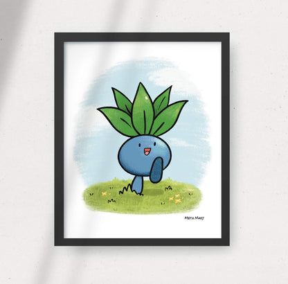 Framed illustration of a blue creature with green leaves on a white background