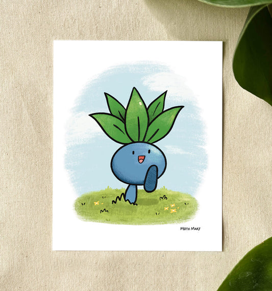 Illustration of a blue creature with green leaves on a beige background