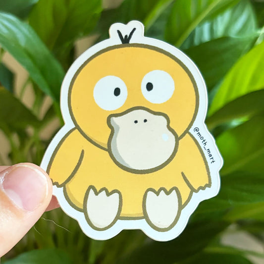 A yellow cartoon duck character sticker held in front of green plant leaves. The sticker has a white border and small black text reading @moh_mary on the right side.